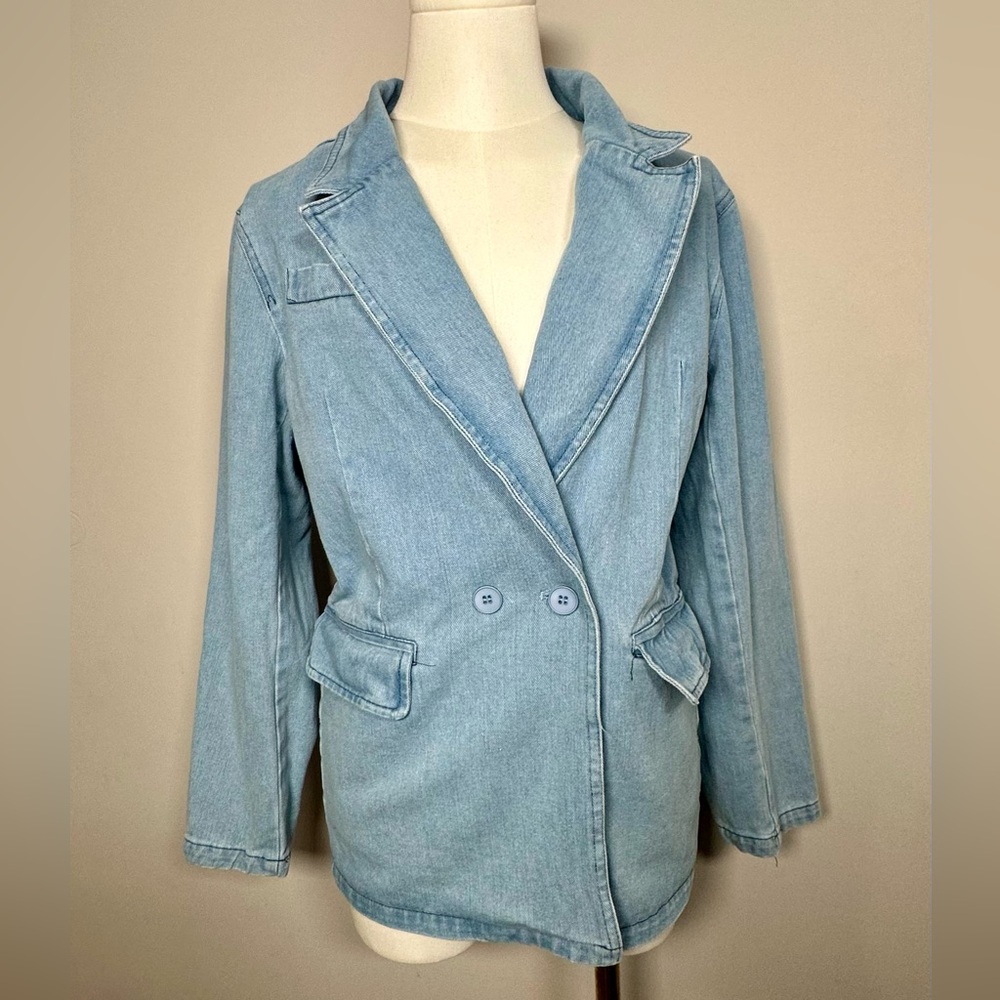 Pink Lily Double-Breasted Light Blue Jean Blazer